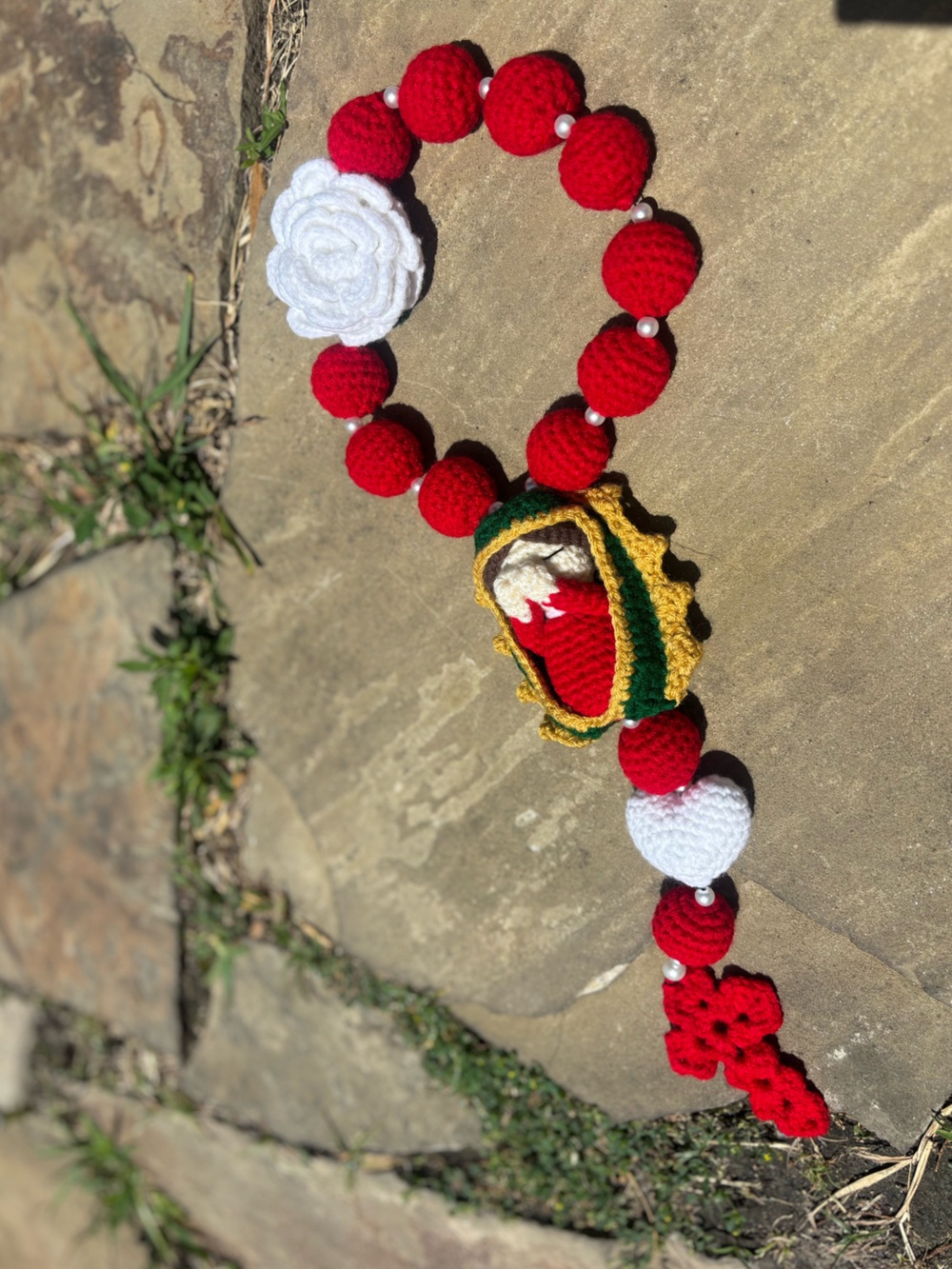 Crochet Virgin Mary Rosary car hanger